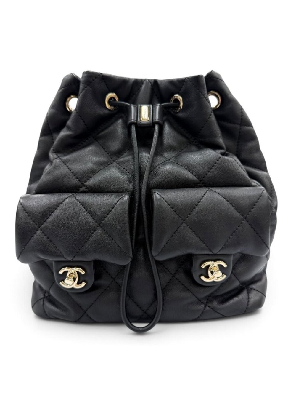 Chanel Quilted CC Logo Two Pocket Calfskin Backpack Black Gold